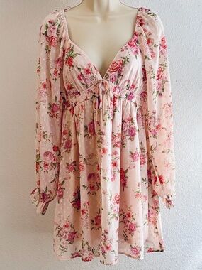 Thirty Thirty Floral Babydoll Dress L Pink Long Sleeve Swiss Dot Boho